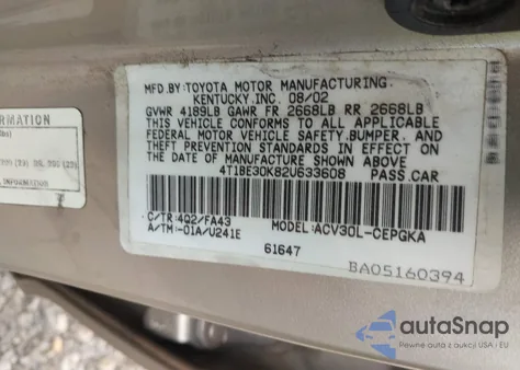 2002 Toyota Camry Xle из США, поврежденный, VIN 4T1BE30K82U633608